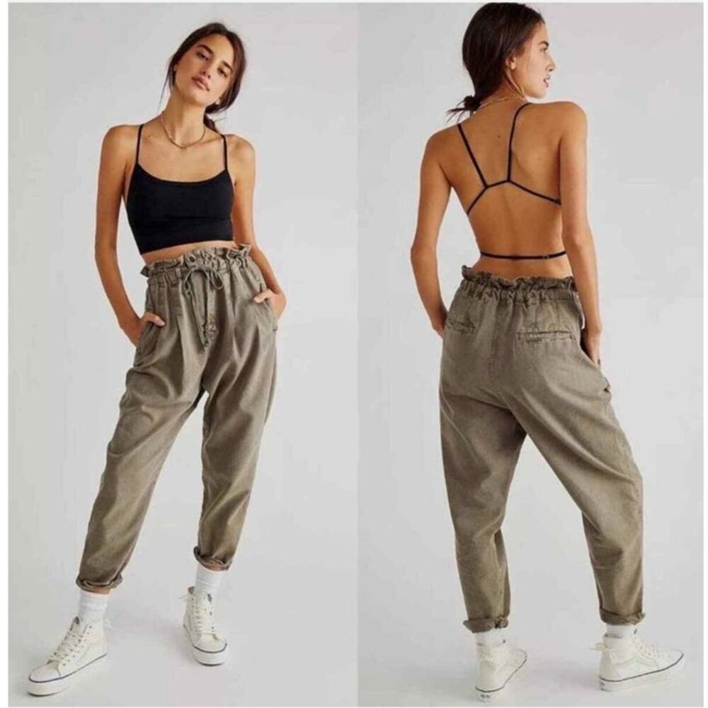 Free People Light Gray Margate Paper Bag Pleated Drawstring Pants Size SP